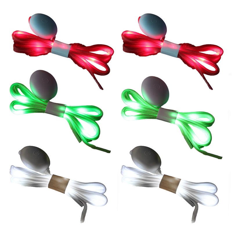 Novelty Place 3 Pairs LED Light Up Shoelaces with 3 Modes for Party, Dancing, Running & DIY - 3 Pairs (Green, Red & White) - Image 1